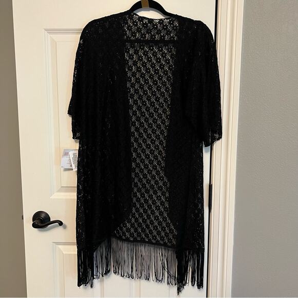 Women’s New black lace duster open work Boho cardigan with fringe - Picture 4 of 6
